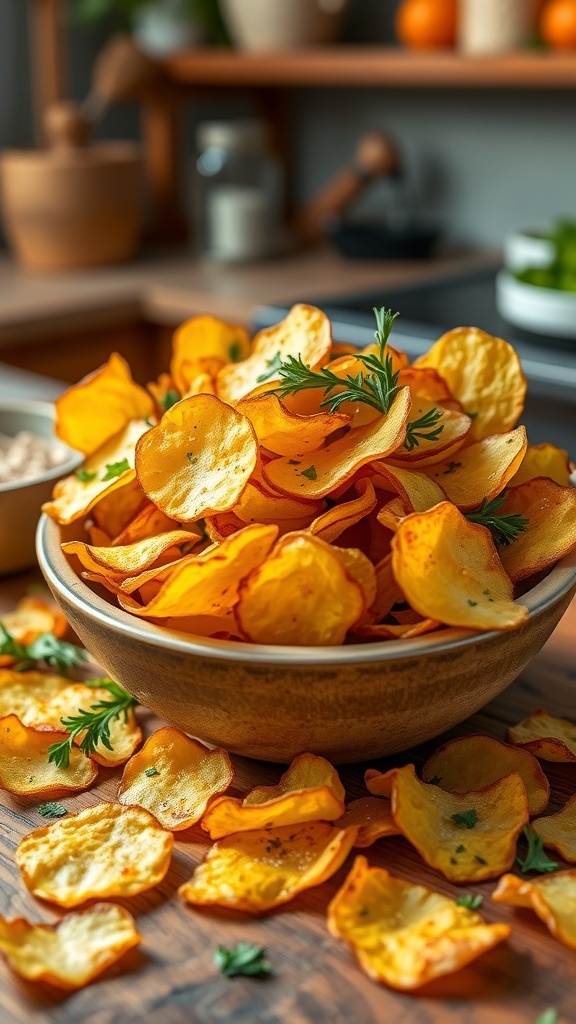 A bowl of crispy homemade potato chips on a wooden table, garnished with herbs.